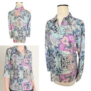 Chico’s Non Iron Linen Floral Roll-Tab Button-Up Shirt Women’s Size 1/M/8‎